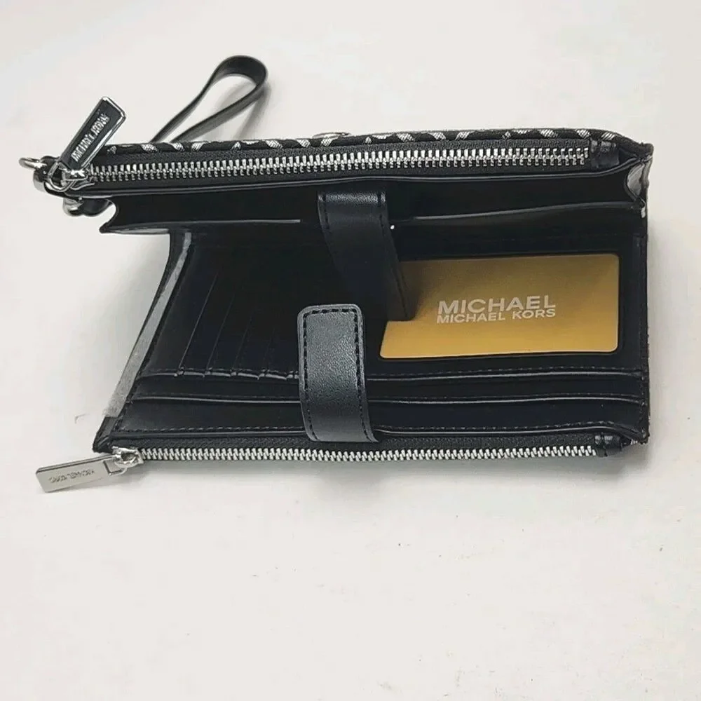 Michael Kors Wristlet Wallet Phone Black Silver Jet Set Double Zip 7.25x4.5